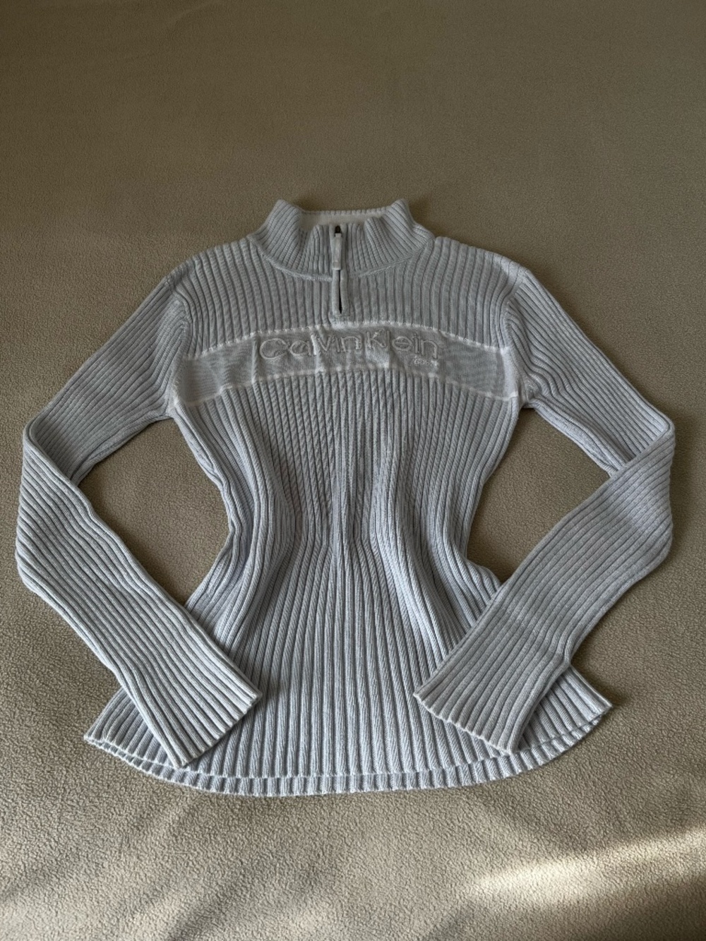 Calvin Klein Jeans Ribbed Turtle Neck Half Zip Sweater in Baby Blue/White/Silver